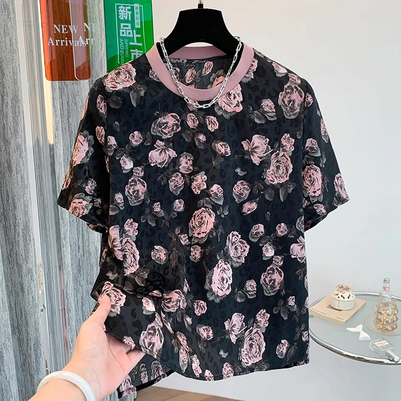 文艺复古玫瑰花朵缎面短袖T恤宽松时尚凉感衬衫粉色印花圆领上衣