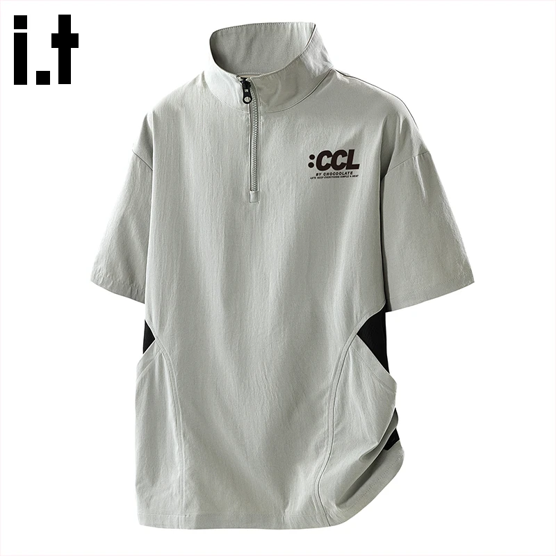 i.t:CHOCOOLATE美式户外透气t恤男士夏季薄款潮牌半拉链短袖上衣