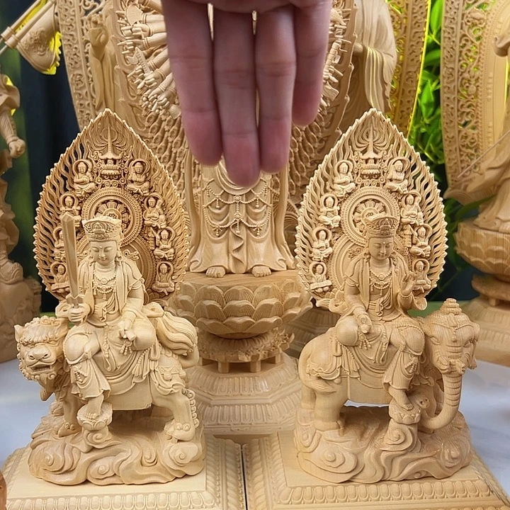 桧木文殊普贤一对23cm摆件