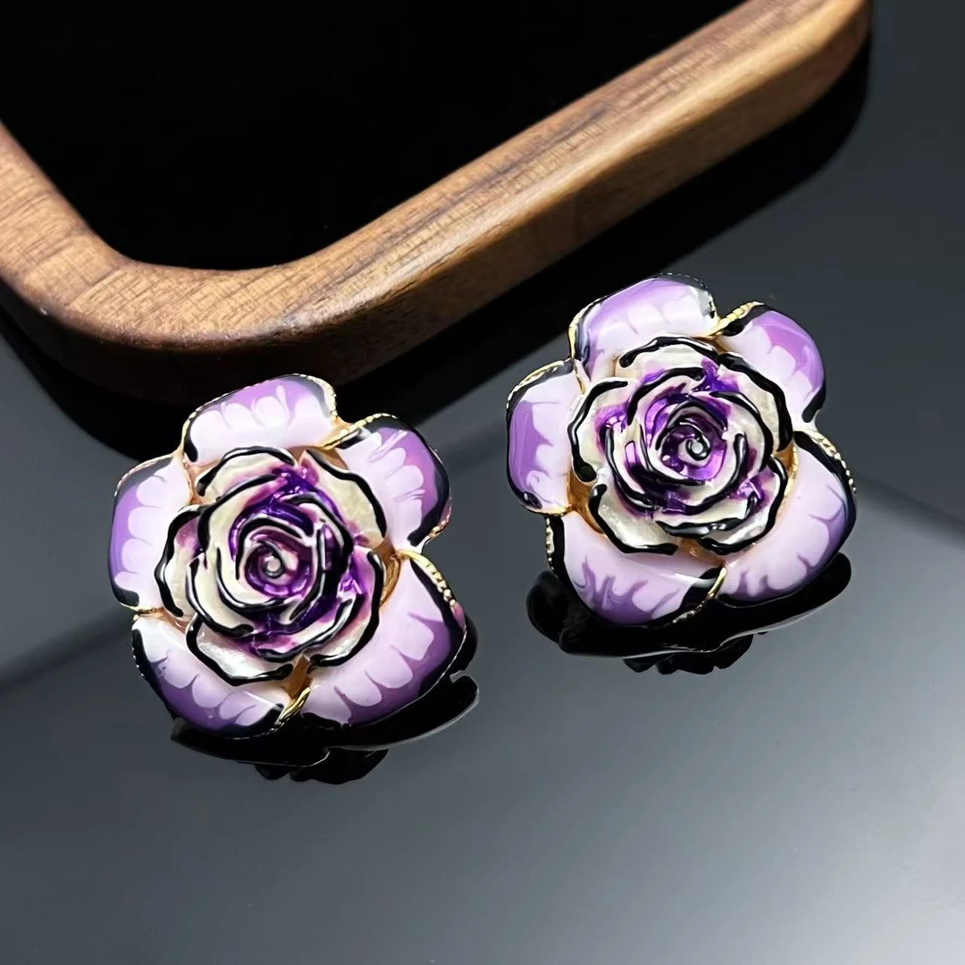 铜合金耳饰 法式复古紫色滴油玫瑰耳钉高级感女气质花朵耳环r625