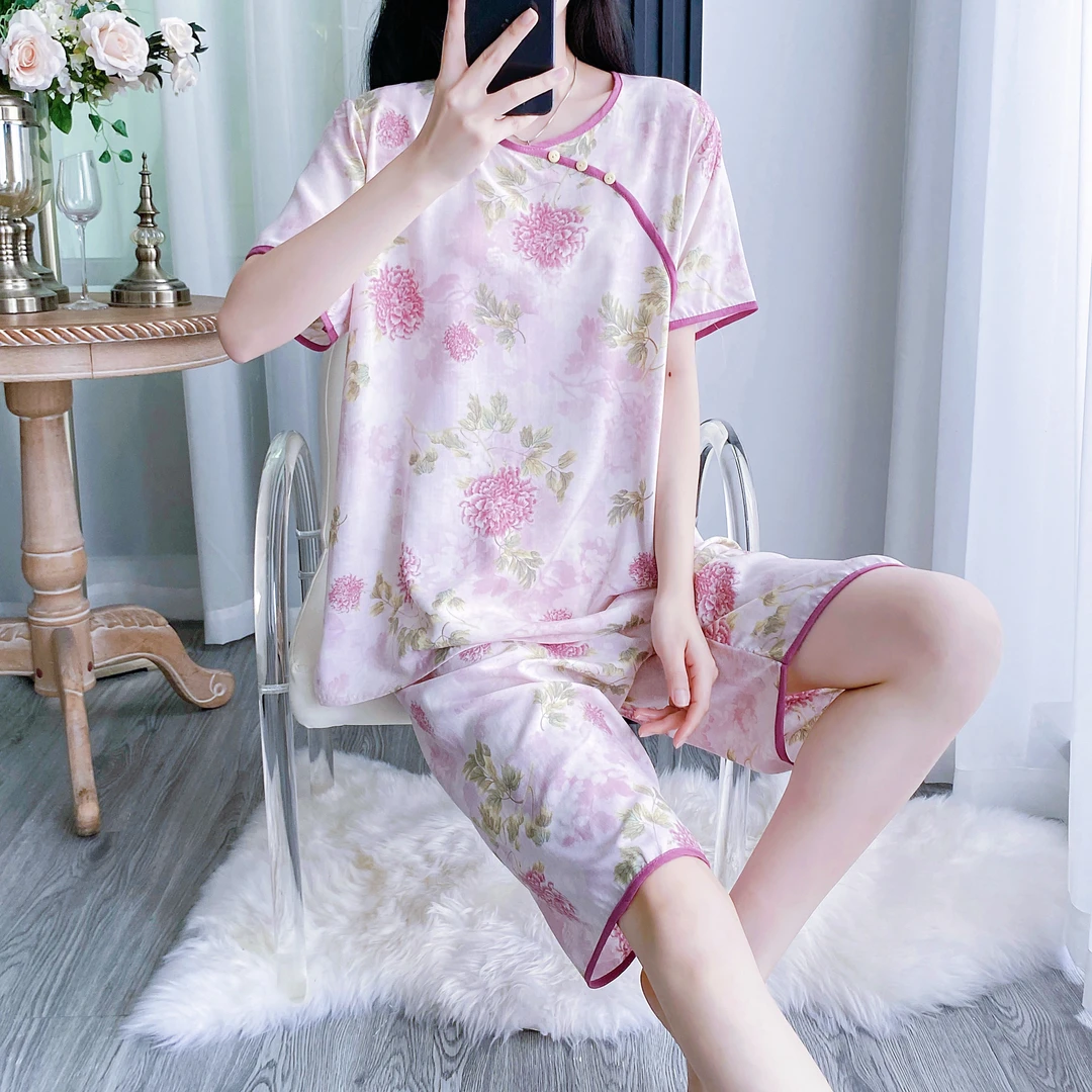 【简奢家居】棉绸女睡衣短袖套头夏季薄款新中式睡衣大码家居服