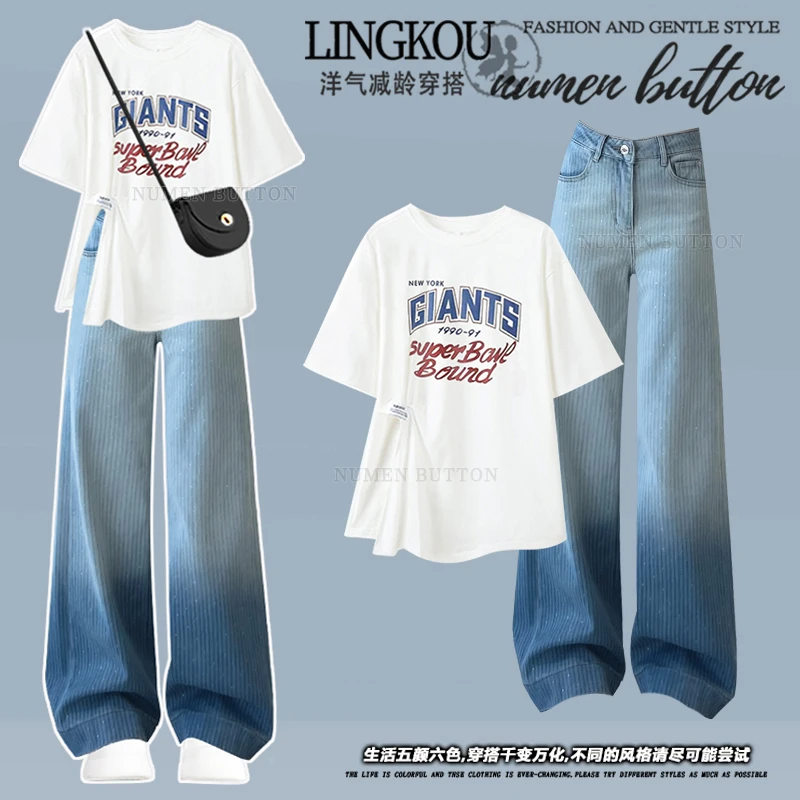 大码夏季休闲套装女设计感开叉短袖t恤美式重工复古牛仔裤两件套