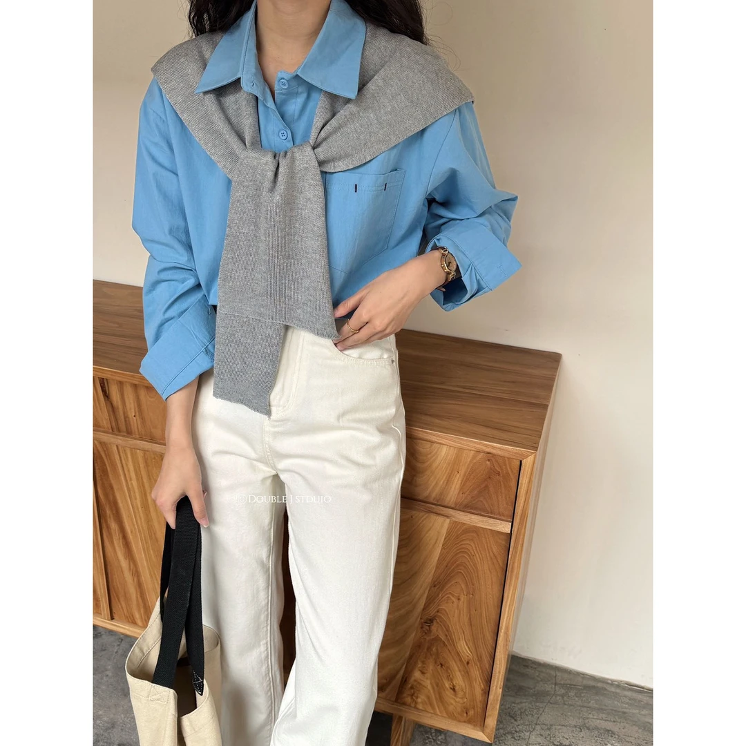 韩系秋季新款百搭宽松气质通勤外穿上衣长袖衬衫披肩两件套