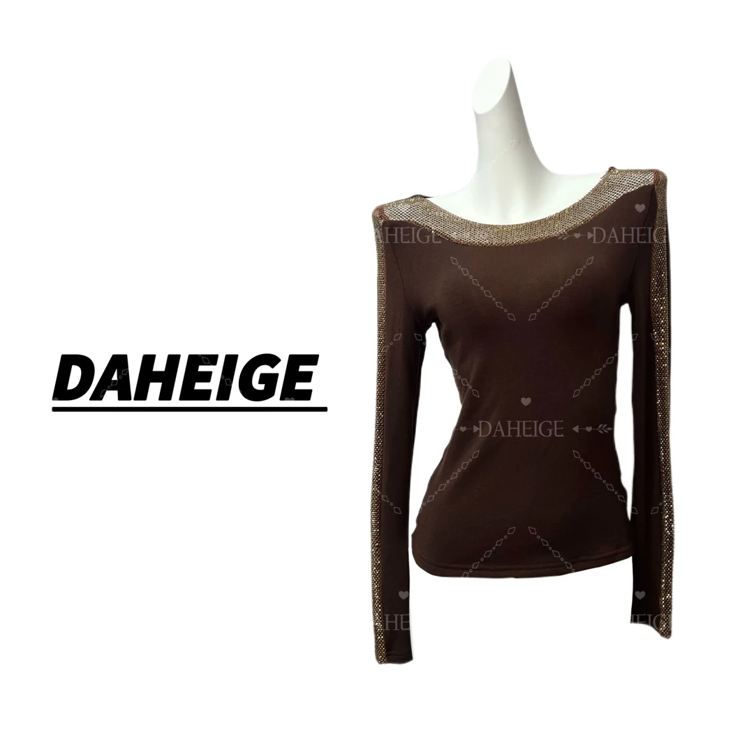 D.hge910#法式打底衫纯色长袖女蕾丝拼接常规修身露肩纯色针织T恤