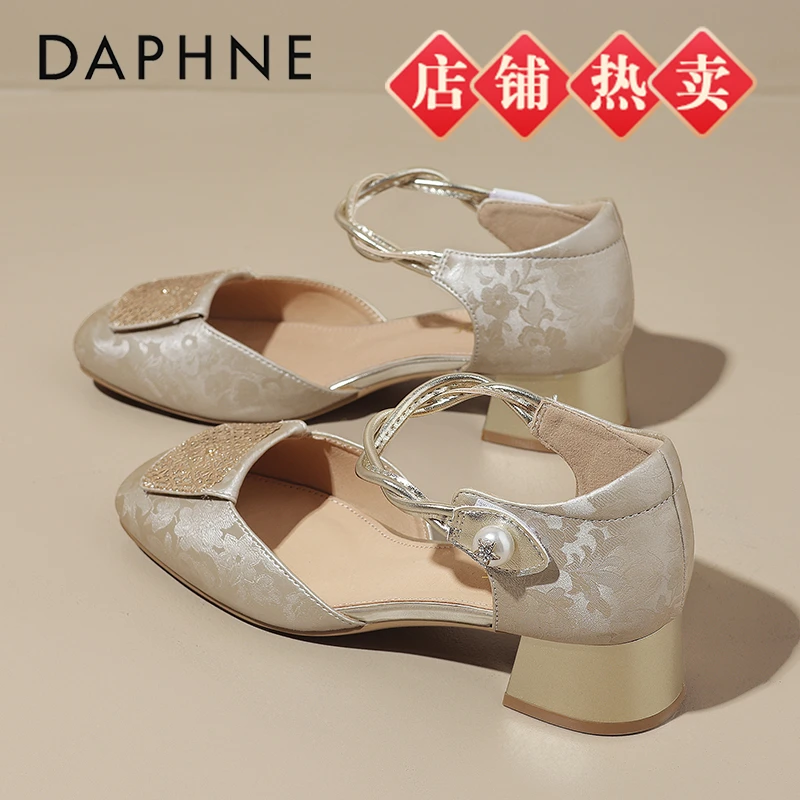 达芙妮包头玛丽珍半拖鞋女鞋夏季外穿时尚高级感国风粗跟穆勒凉拖