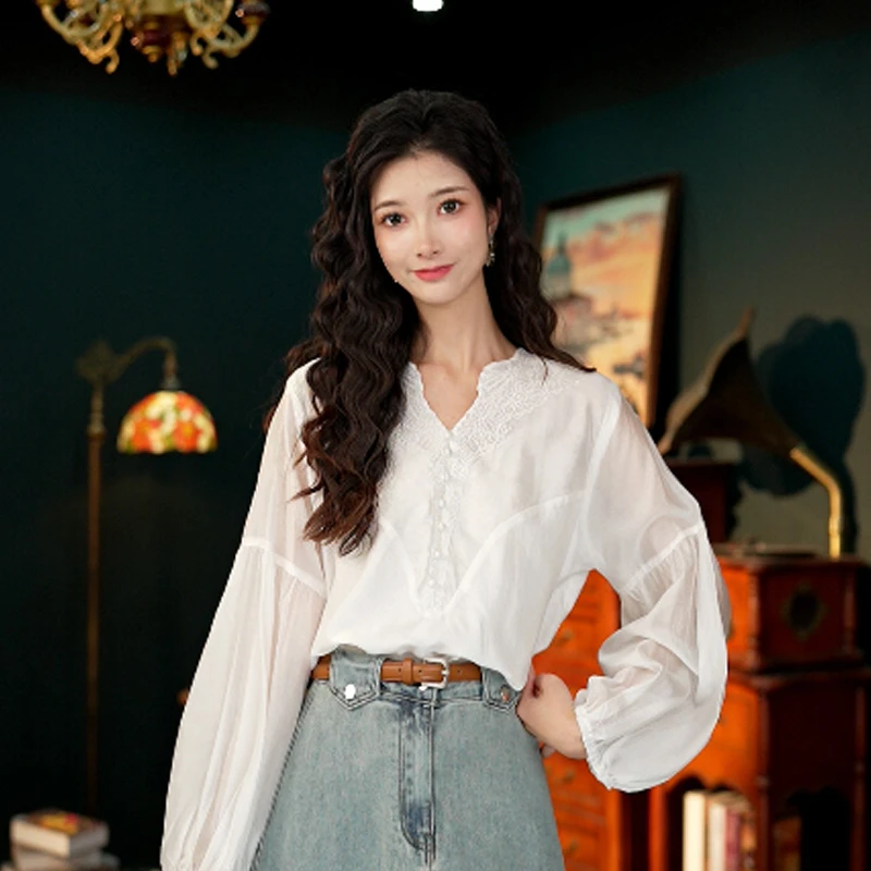 粤粤【梦醒时分】港风复古纯色长袖衬衫女宽松显瘦上衣YR0824073