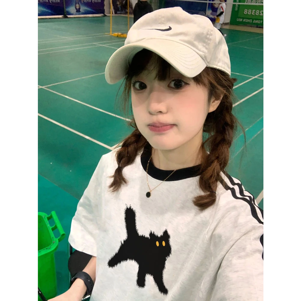 美式hiphop卡通猫咪短袖t恤女夏季宽松oversize设计感别致上衣潮