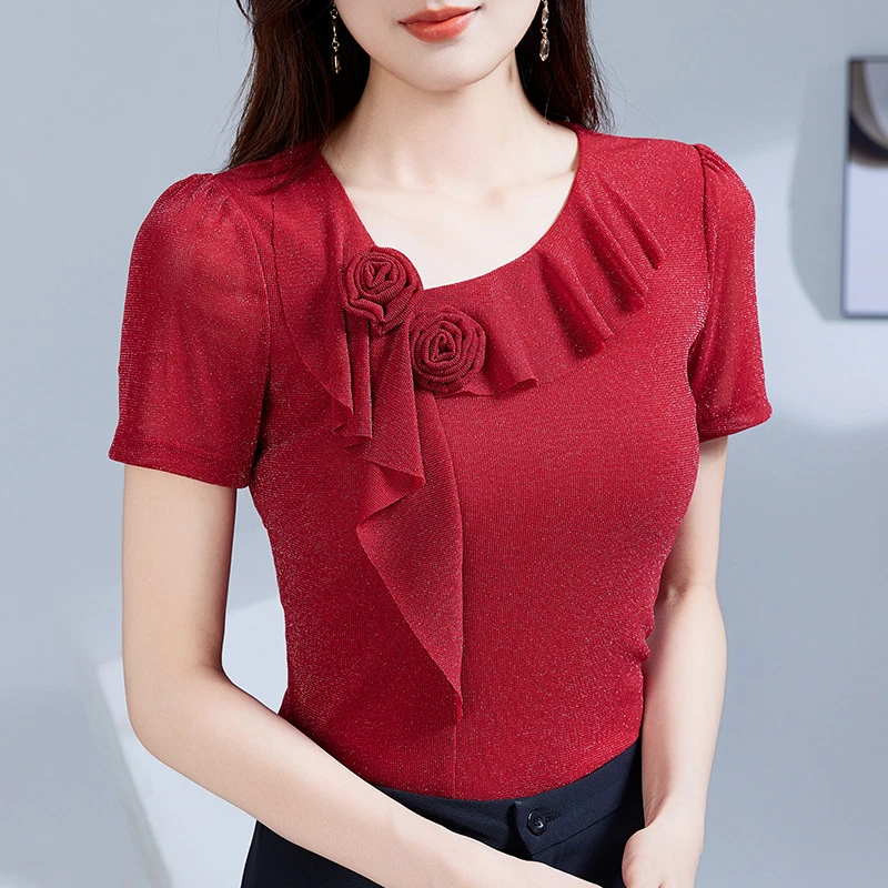 夏季新款洋气斜领纱衣小衫荷叶边花朵短袖T恤女上衣气质舞服网纱