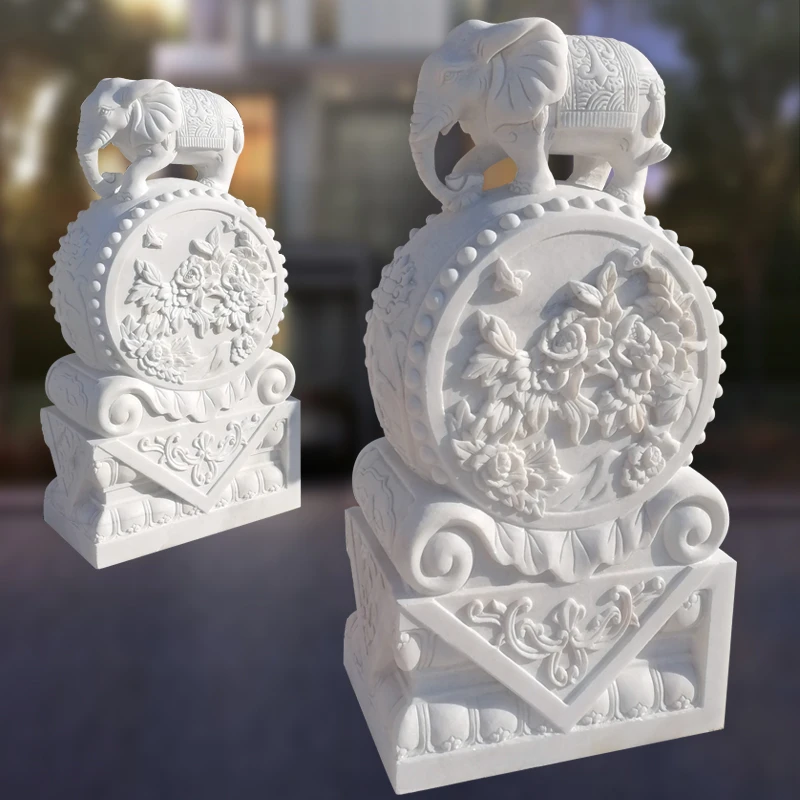 石雕门墩抱鼓石一对天然汉白玉小象石鼓青石麒麟貔貅家用门口摆件