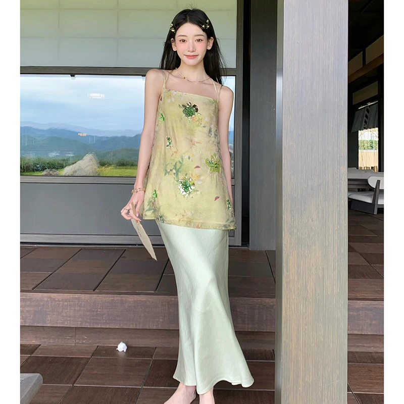 新中式国风绿色提花吊带背心内搭2025新款夏季高级感气质女士上衣