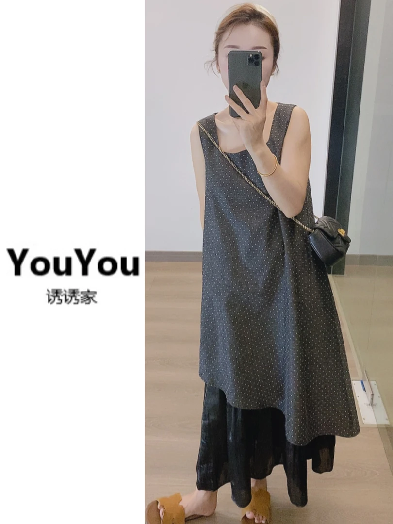 韩系百搭时尚波点拼接方领假两件连衣裙