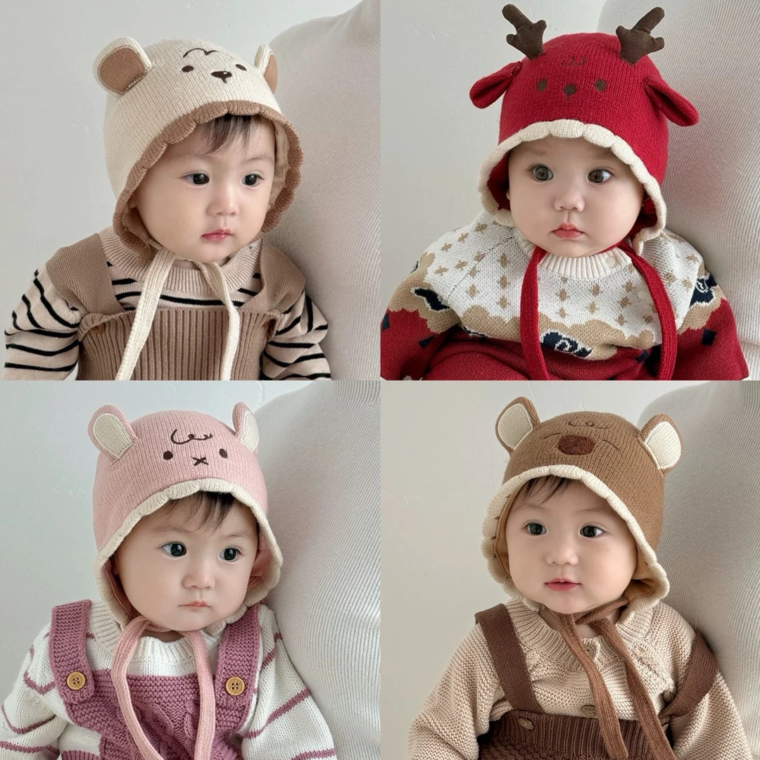 婴儿帽子秋冬季针织帽可爱超萌宝宝护耳帽新生婴幼儿小月龄毛线帽