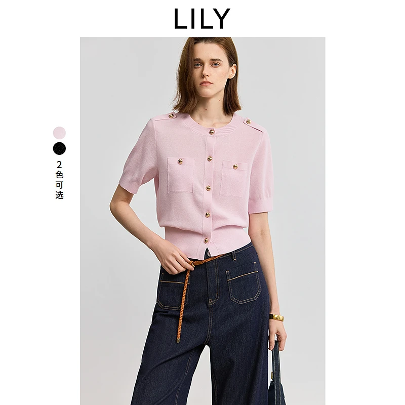 LILY2025夏新款女装小香风短袖针织开衫125209TC929