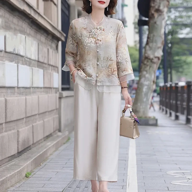 罗蒙妈妈夏装套装新款洋气雪纺衫中老年女夏季中式国风上衣小衫