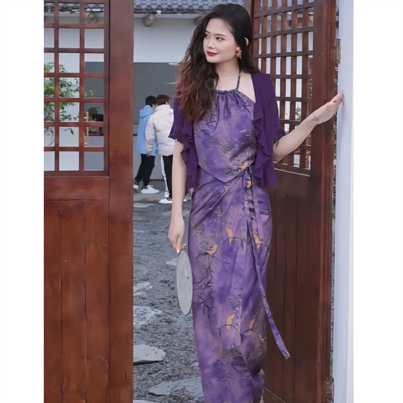 灰小猫 【墨鸟】新中式国风可拆卸胸棉挂脖上衣+一片式半身裙套装女