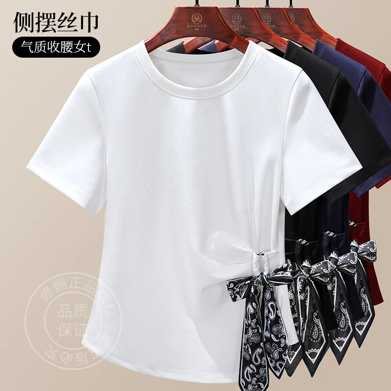 配丝巾设计感百搭T恤2025夏季时尚气质丝巾绑带收腰褶皱百搭显瘦t