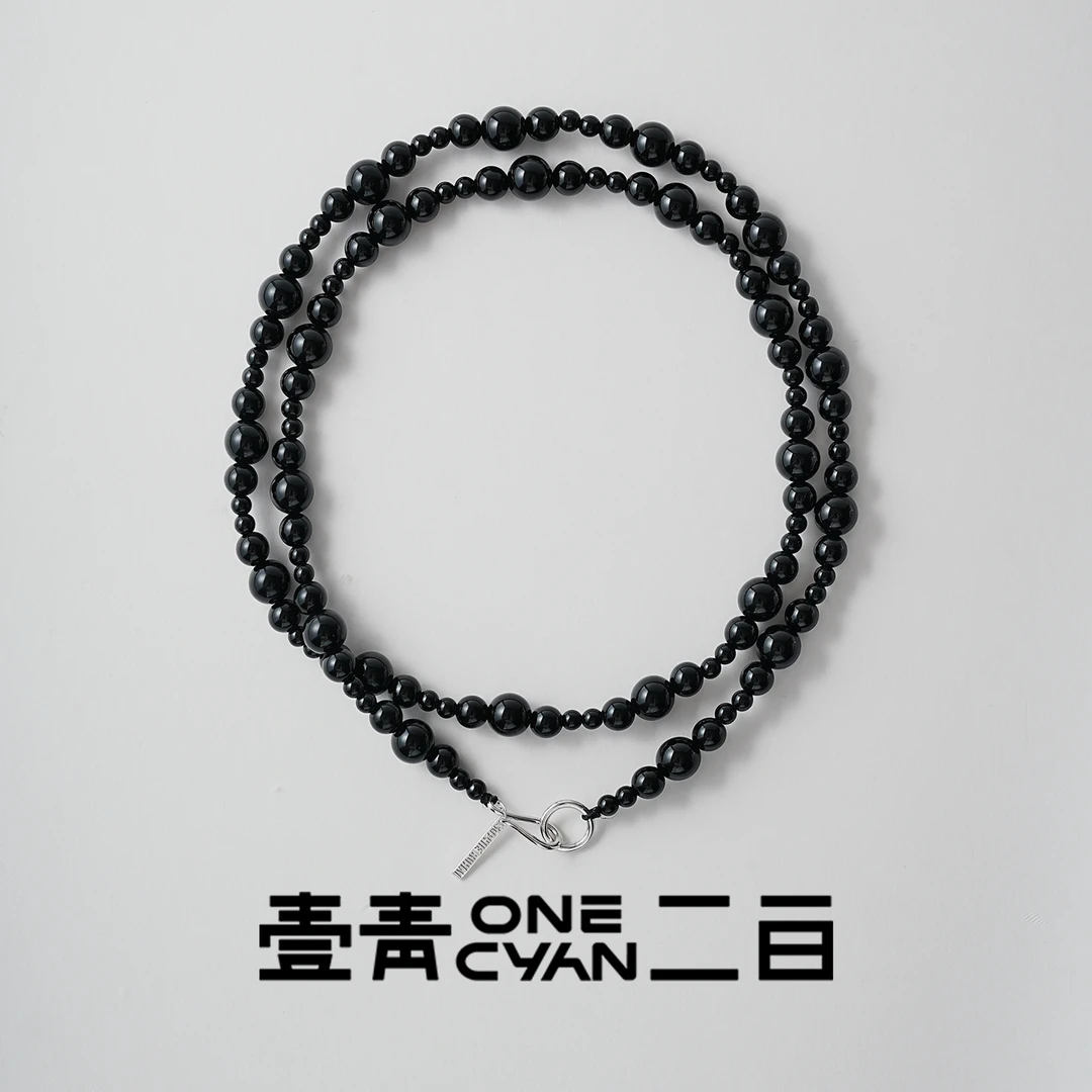 ONECYAN 吊坠925银 《夜明》纯银黑色手工石头项链时尚毛衣链百搭