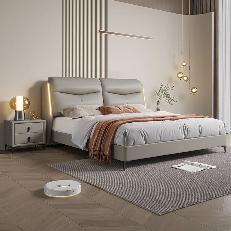 意式真皮床氛围灯现代简约小户型1.5米储物床1.8米主次卧室婚床