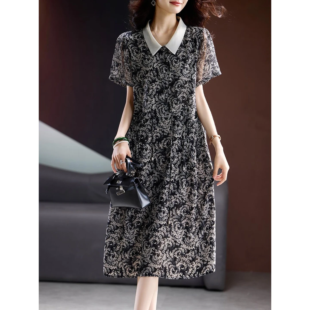 DUCURNO时尚印花黑色连衣裙女2025夏季新款复古修身显瘦中长裙子