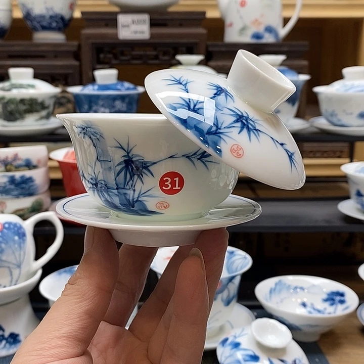 手绘微信瑕竹子盖碗