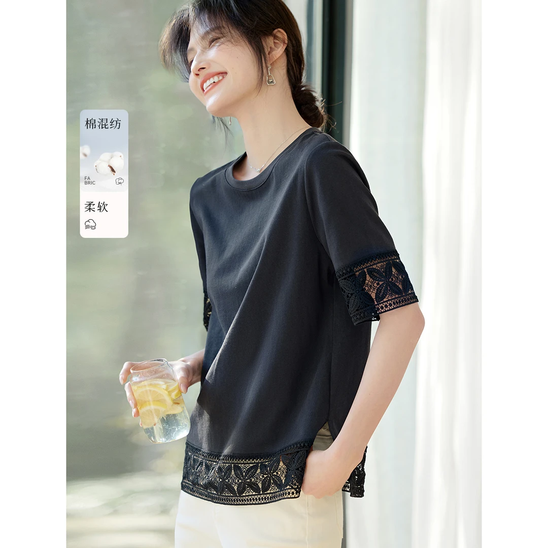XWI/欣未25夏新款优雅柔美精致镂空清爽百搭拼接设计短袖T恤3305