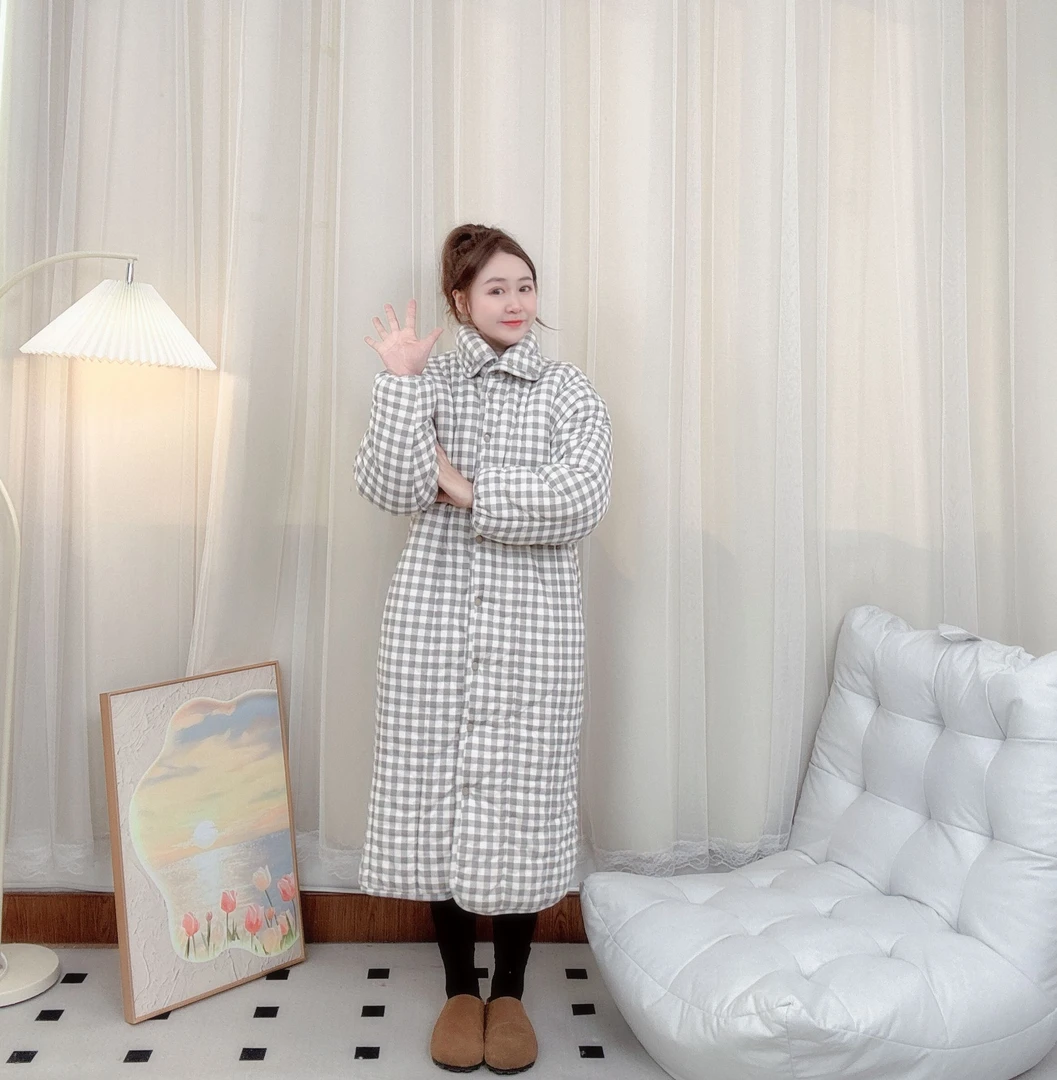 SANYUE新疆棉棉花【福利款大黑白格立领长款】宽松家居服保暖棉服