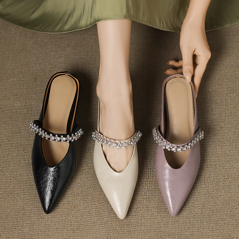 5cm轻奢水钻包头凉鞋紫色百搭法式尖头内增高高跟鞋春夏新款半拖