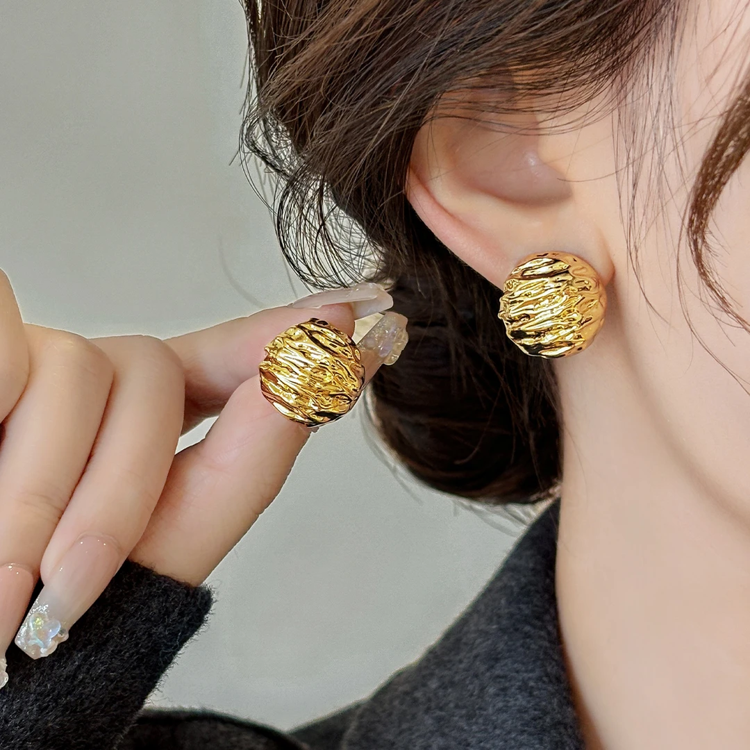 铜合金耳饰 复古小众设计核桃纹路金属耳钉女轻奢高级感耳饰A48
