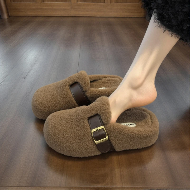 羊羔绒包头毛毛拖鞋女外穿2025新款秋冬复古厚底超软防滑孕妇棉拖