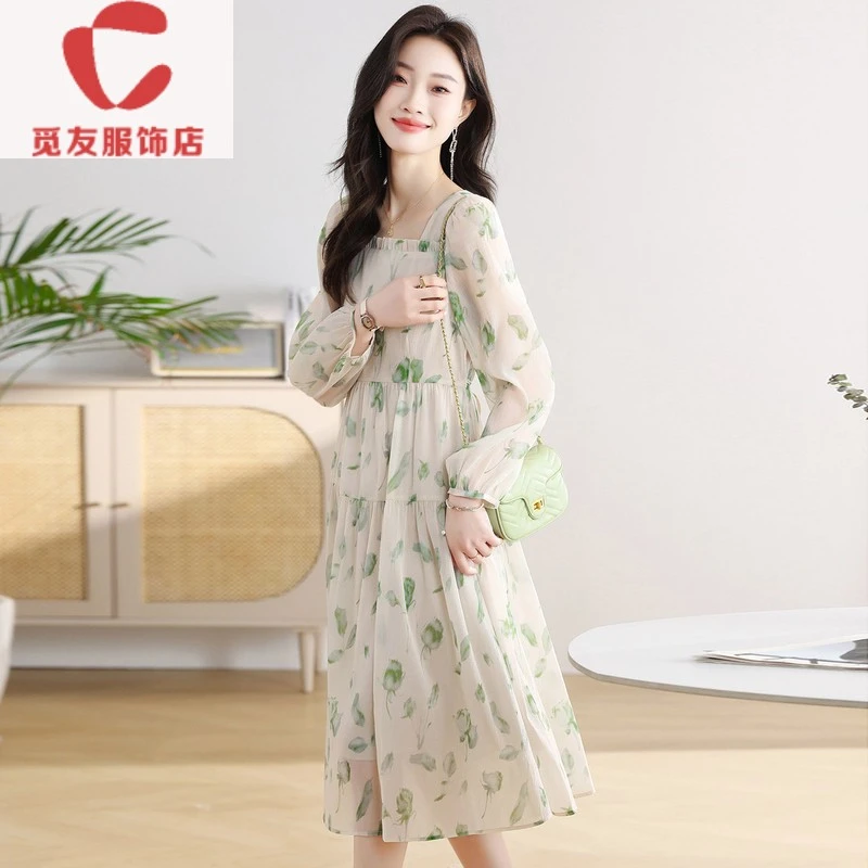 觅友服饰法式碎花长袖洋装女2025春秋新款收腰显瘦长裙秋季减龄妈