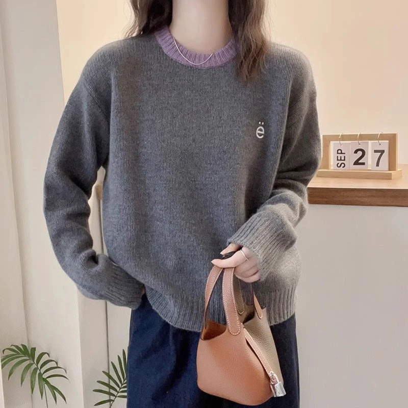 韩版宽松拼色圆领羊绒衫字母刺绣长袖毛衣秋冬针织衫软糯羊绒衫潮