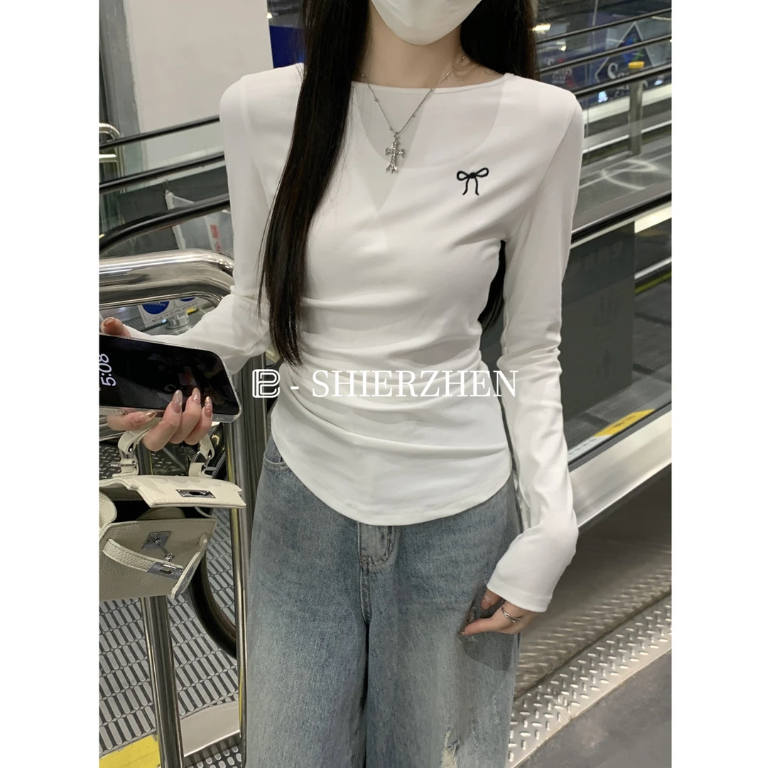 2025早春韩版圆领褶皱蝴蝶结刺绣百搭设计感长袖T恤内搭上衣女