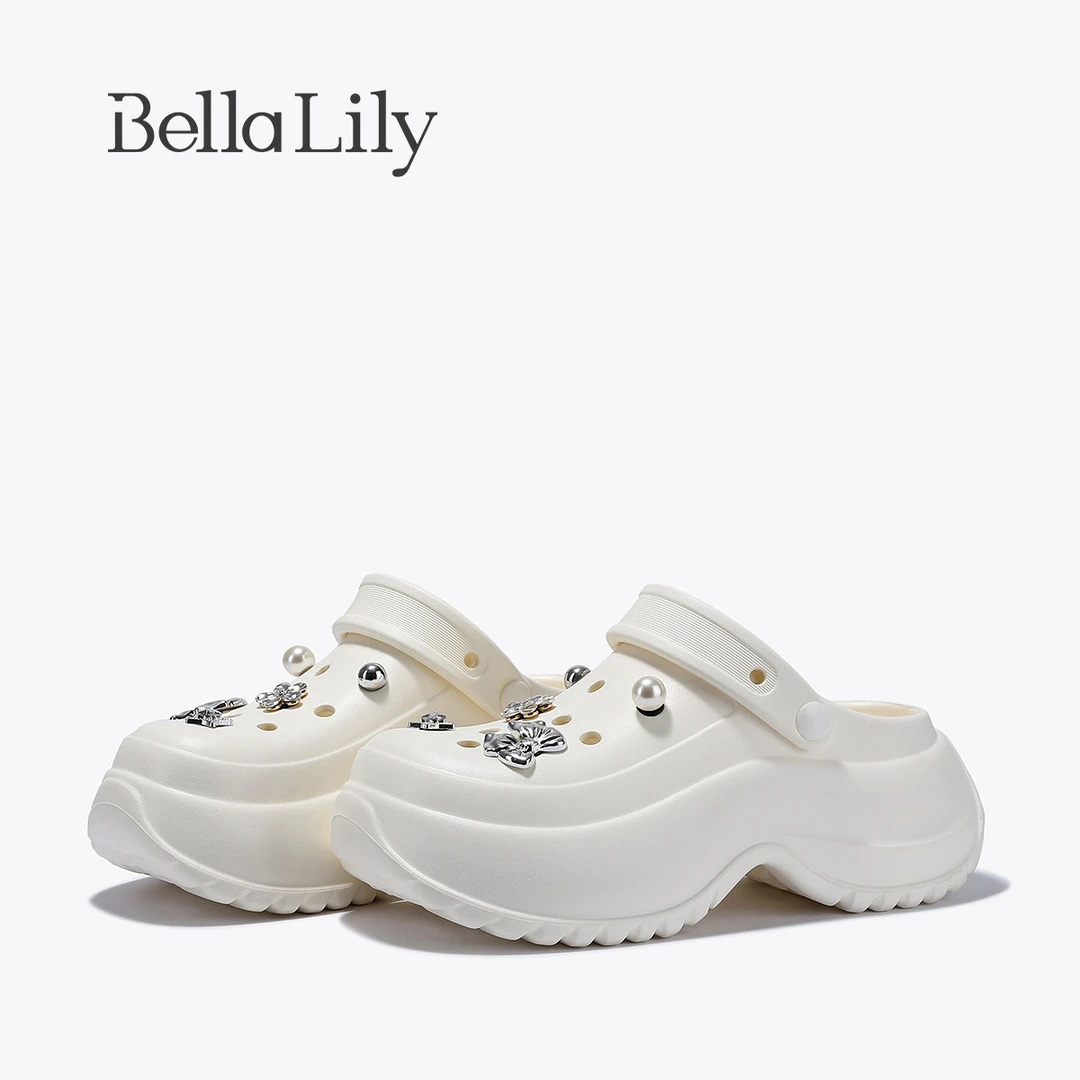 BellaLily2025春夏新款一脚蹬洞洞鞋外穿休闲厚底拖鞋慵懒感女拖