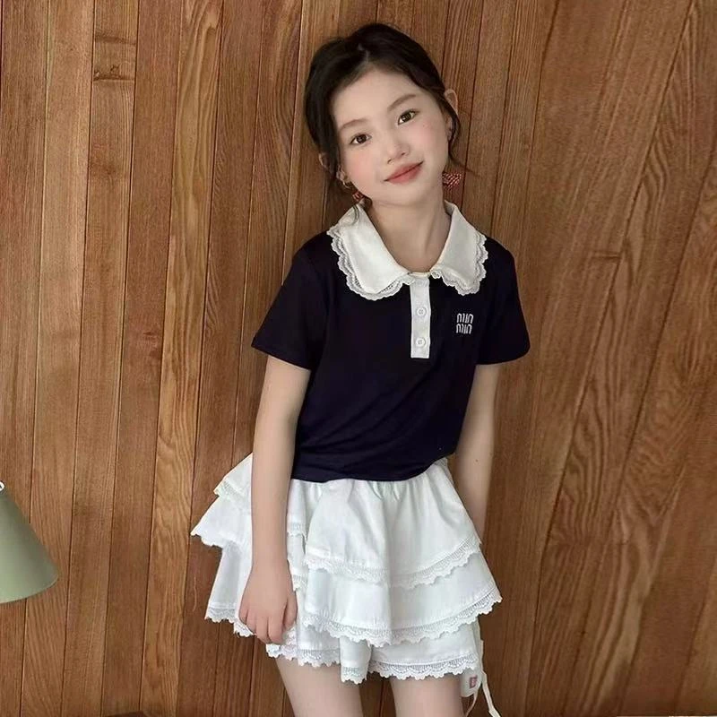 【现货】女童夏季短袖蛋糕裙套装童装学院风POLO衫短裙子CSC2112