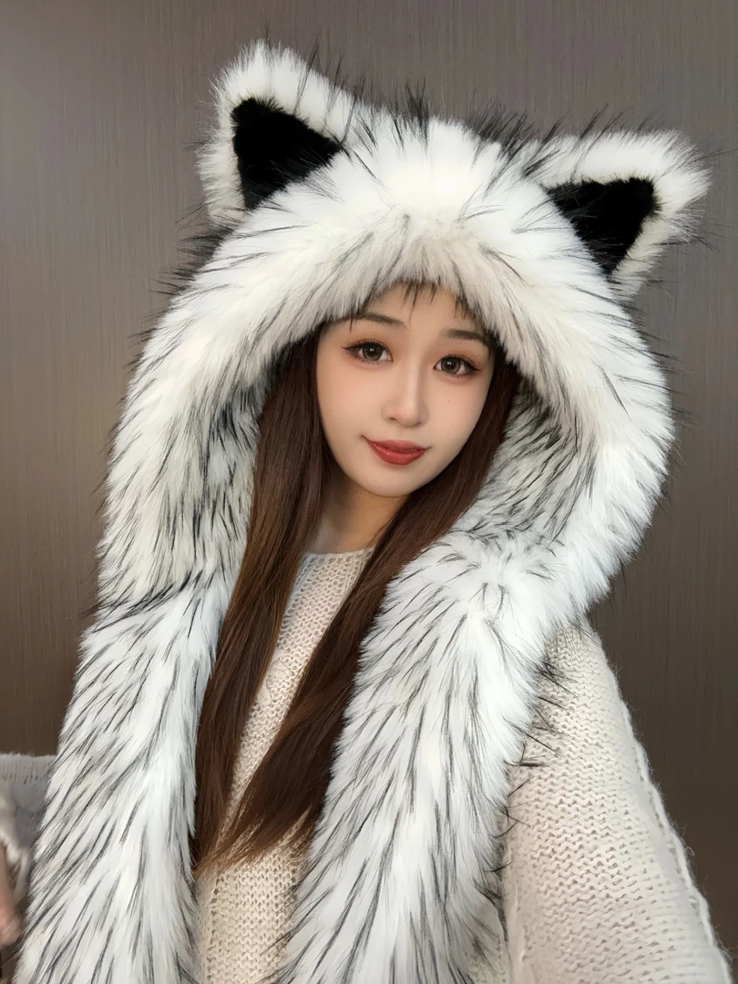秋冬加厚毛茸茸狐狸耳朵霜色帽子围巾一体护颈显脸小百搭可爱网红