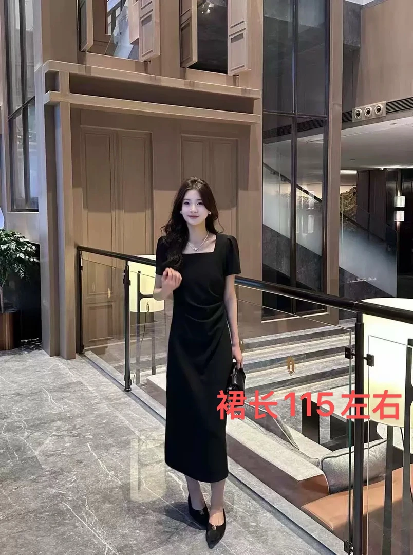 （有弹力）美美L 韩外2570夏方领短袖收腰显瘦后背蕾丝镂空连衣裙