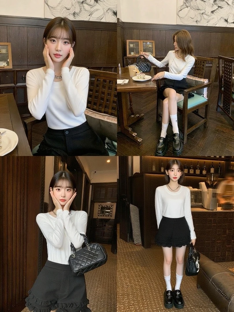 XIAO SISTERS/A193秋款上新正肩u领长袖打底衫薄款显瘦修身上衣