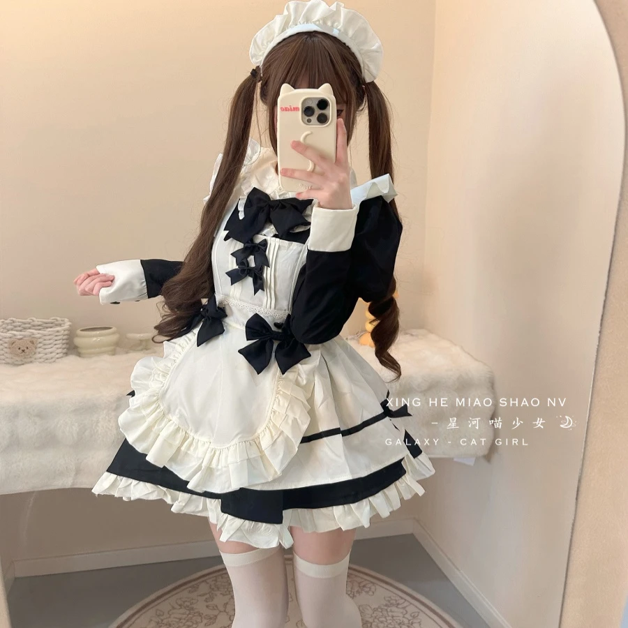法式甜美蝴蝶结女仆装可爱萝莉黑白女佣装长袖lolita洛丽塔连衣裙