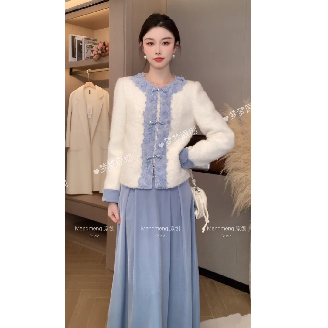 【梦梦&GERTC】雪绒 冬季新中式毛呢鹅绒保暖时尚套装 GC254W1078
