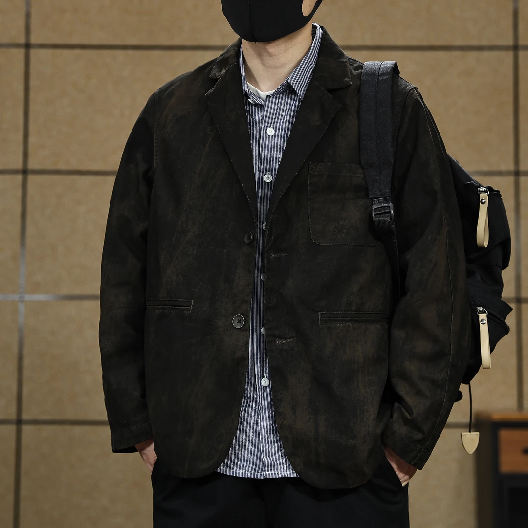 复古水洗高级感平驳领休闲西服男士2026春秋季宽松美式西装外套男