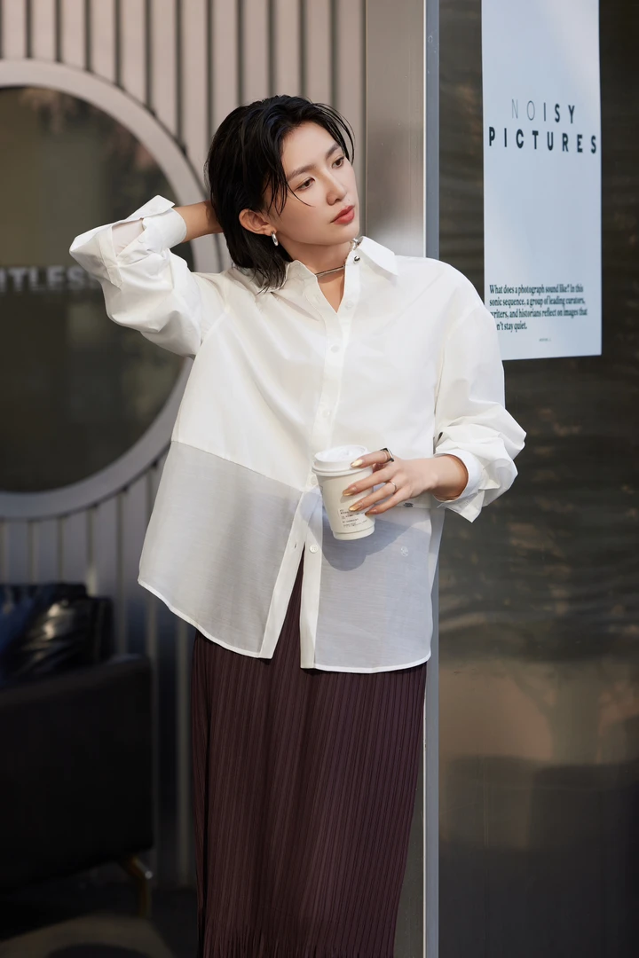 时尚长袖衬衫女宽松设计感通勤上衣廓形白色