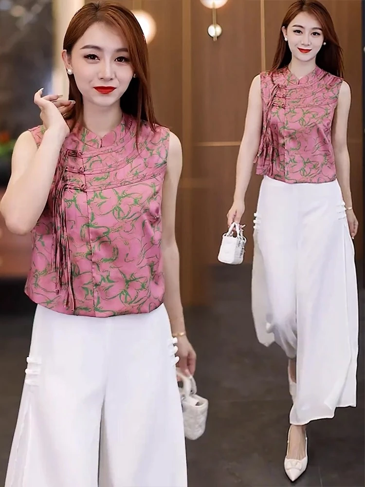 新中式国风套装女夏季新款洋气显瘦无袖印花盘扣衬衣阔腿裤两件套
