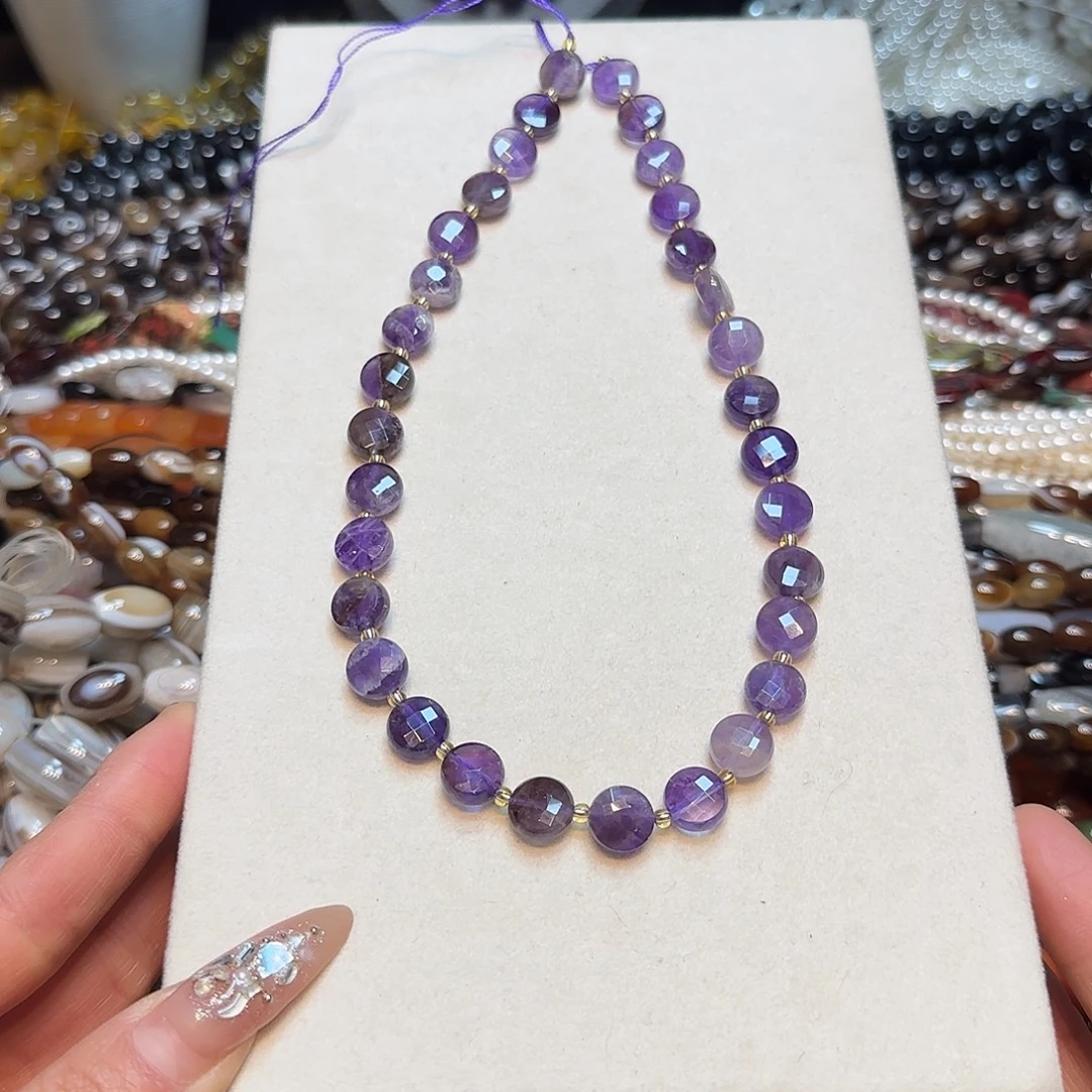 玛瑙/玉髓合金珠宝半成品紫水晶圆饼一条10mm