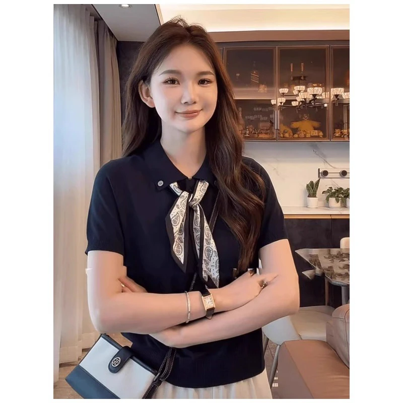 灰色气质带丝巾polo领冰丝针织短袖t恤女夏季高级感宽松显瘦上衣