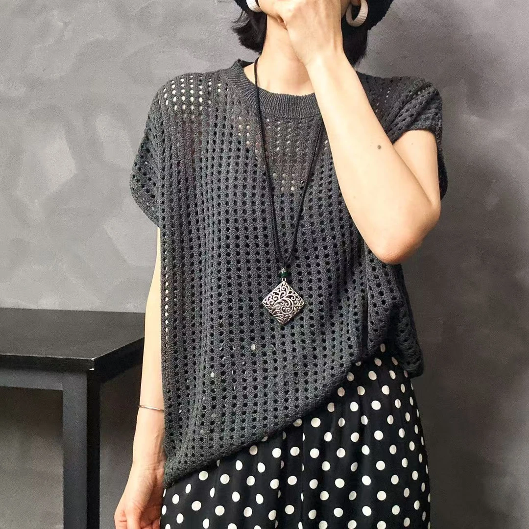 【FH】1897夏季镂空针织网衫半袖时尚休闲宽松套头显瘦百搭