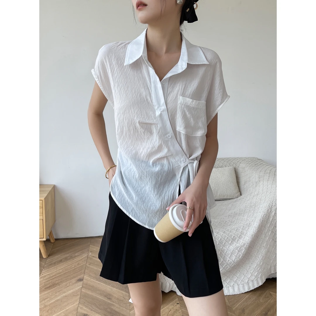 白色POLO领短袖衬衫女夏季不规则设计感薄款翻领上衣外穿2025新款