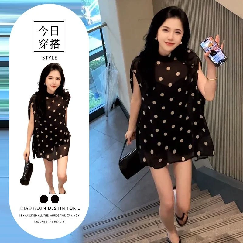 独特漂亮夏装两件套设计感时尚洋气波点上衣高腰黑色短裤轻熟套装