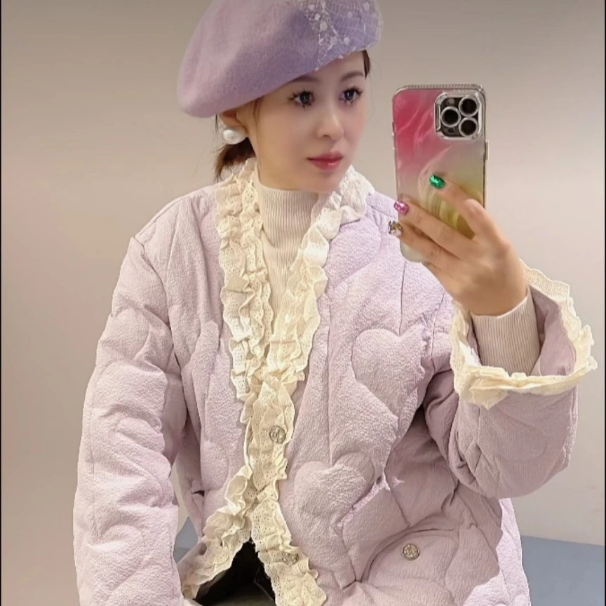 设计师款蕾丝拼接羽绒服