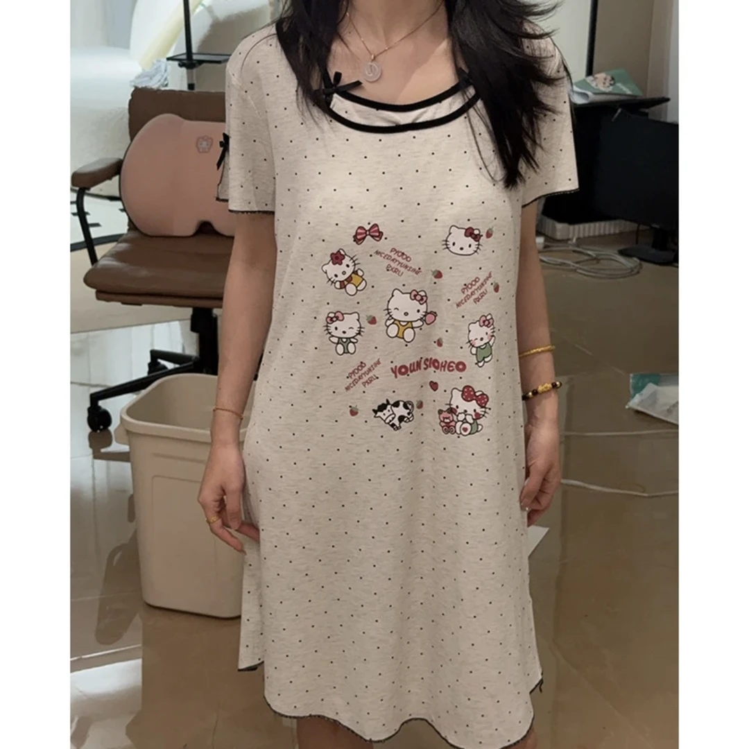 睡裙波点kitty凯蒂猫带胸垫短袖睡裙女纯欲外穿莫代尔睡衣家居服