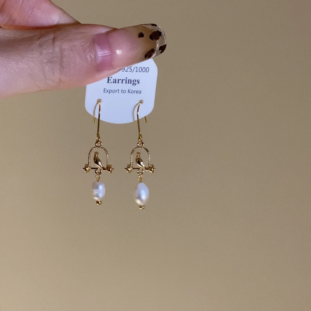 铜合金耳饰 法式复古小鸟耳环宫廷风鹦鹉鸟架简约国潮气质耳饰